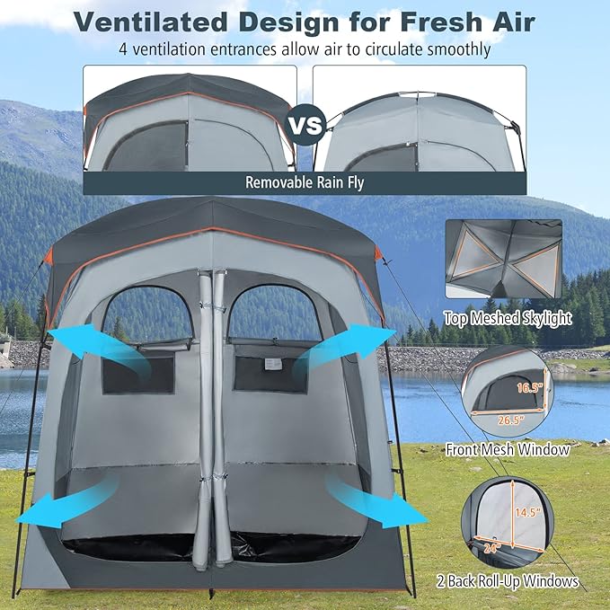 Tangkula Double Room Shower Tent Oversize Space Privacy Tent with Floor Removable Rain Fly Inside Pocket Clothesline Top Hook Portable Outdoor Changing Tent for Dressing Camping Toilet