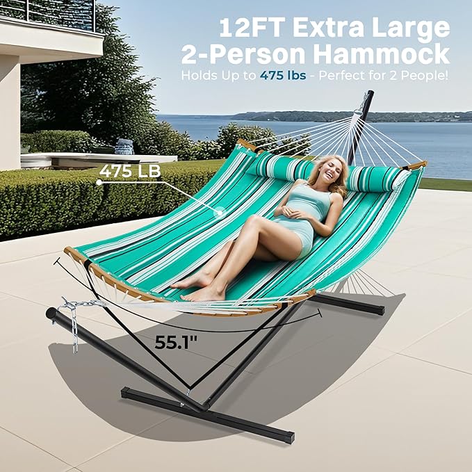 SUPERJARE Hammock with Stand 2 Person Heavy Duty Hammock with Padded Cotton Detachable Pillow &amp Strong Curved-Bar &amp Portable Carrying Bag Perfect for Outdoor &amp Indoor Mint Green with S