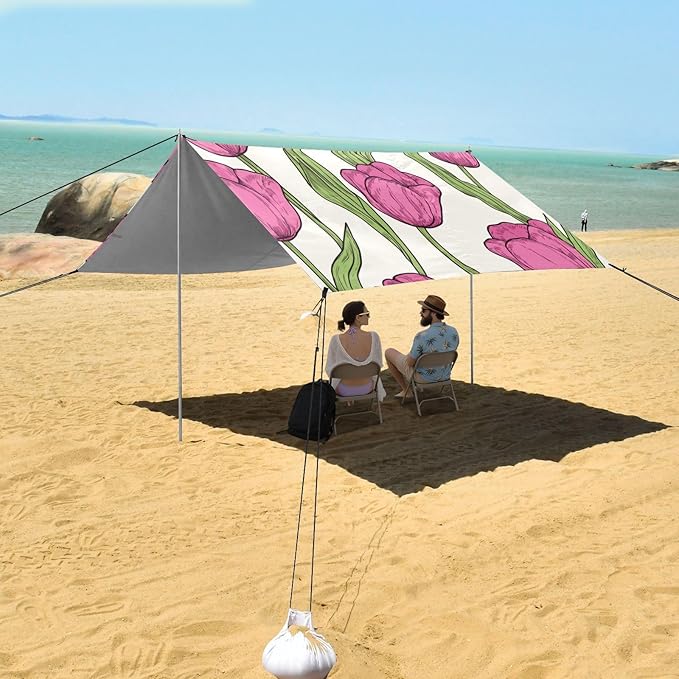 ALAZA Cute Doodle Romantic Pink Tulips Flower Beach Tent Sun Shelter Portable Canopy Sunshade for Outdoor Camping Picnics Backyard Fun 10x9 ft