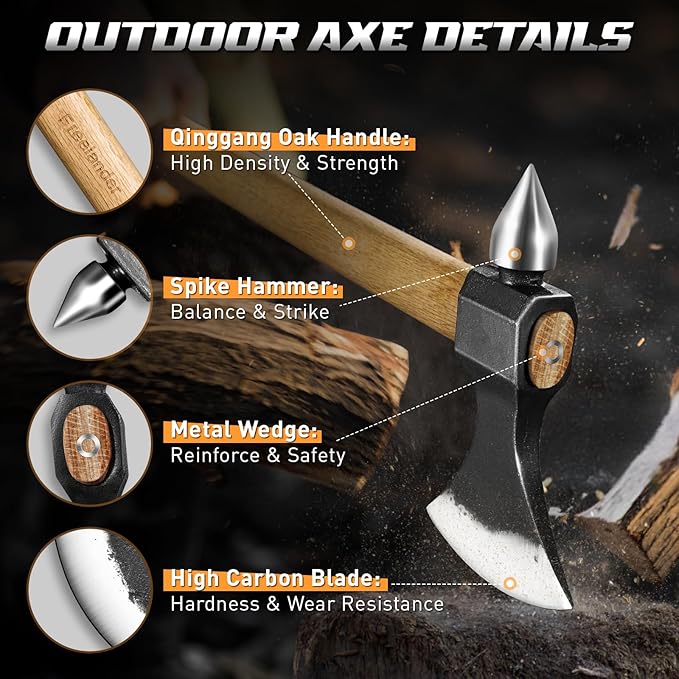 Freelander Throwing Axe with Oak Handle High Carbon Steel Blade and Metal Wedge Outdoor Hatchet with Spike Hammer Back for Camping Chopping and Throwing for Men Women