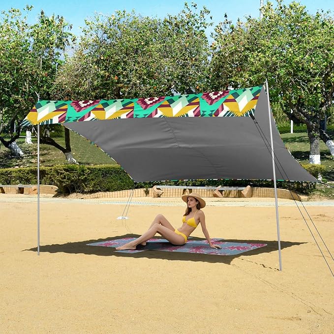 Beach Canopy with Windproof Ropes &amp Sandbags Beach Tent Sun Shade Sun Shelter for Camping Trips Fishing Backyard Fun or Picnics Boho Tribal Aztec