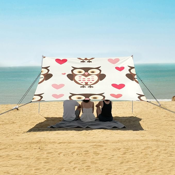 ALAZA Owl Heart Seamless Beach Tent Sun Shelter Portable Canopy Sunshade for Outdoor Camping Picnics Backyard Fun 10x9 ft