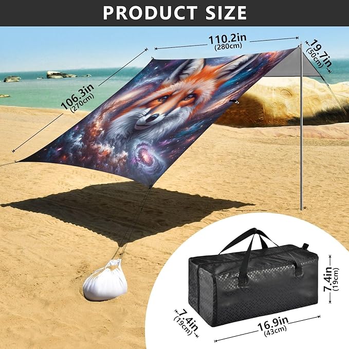 ALAZA Fox Galaxy Nebula Beach Tent Sun Shelter UPF50+ Protection Beach Shade Canopy w/ 4 Sandbags for Outdoor Camping Fishing Backyard Fun Picnic 10x9 ft