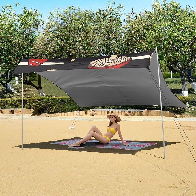 ALAZA Red Mushrooms on Black White Strip Beach Tent Sun Shelter Portable Canopy Sunshade for Outdoor Camping Picnics Backyard Fun 10x9 ft