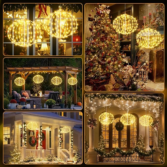 AGOTD Christmas Outdoor Decorations Ball Lights - 12 Inch Connectable Hanging Tree Globe Lights with 8 Lighting Modes Timing Function Waterproof Indoor Outdoor (Warm White 2pcs)