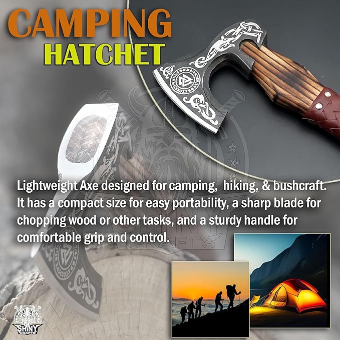 SHINY CRAFTS® Handcrafted Decorative Viking Axe with Leather-Wrapped Handle &amp Sheath – Engraved Blade – Ceremonial Collectible Gift for Men Warriors History Buffs Cosplay &amp Display (VBA-07)