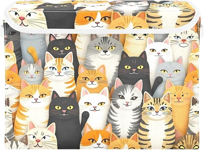 Group Of Cats Storage Cube Bins Basket with Lid Collapsible Flip-top Fabric with Handle for Home Bedroom Closet Office 16.5×12.6×11.8 in