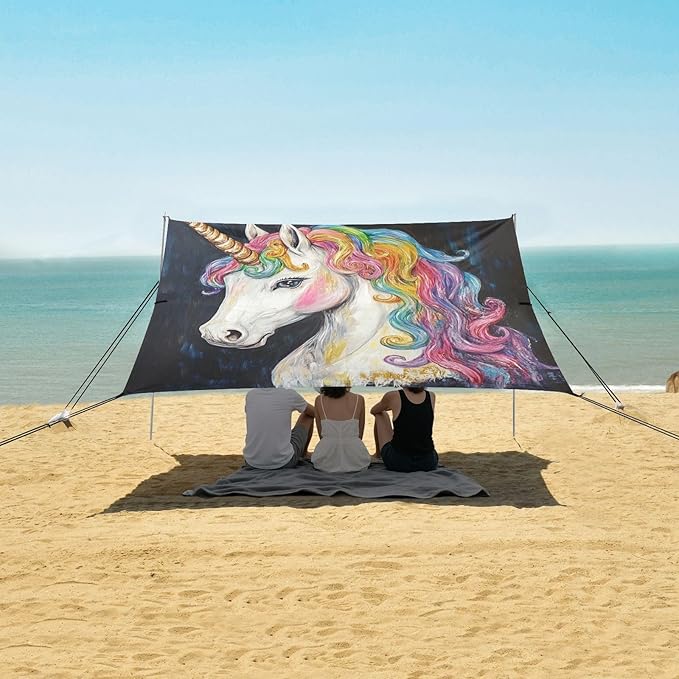 ALAZA Rainbow Unicorn Head Beach Tent Sun Shelter Portable Canopy Sunshade for Outdoor Camping Picnics Backyard Fun 10x9 ft