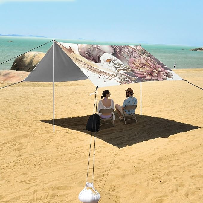ALAZA Unicorn Flowers Golden Geometric Circles Triangles Beach Tent Sun Shelter Portable Canopy Sunshade for Outdoor Camping Picnics Backyard Fun 10x9 ft
