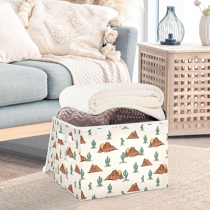 Storage Box Western Cactus Closet Storage Bins with Lids Foldable Oxford Fabric Storage Box for Home Bedroom Closet Office (16.5x12.6x11.8 in)