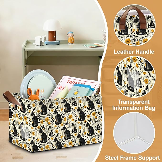 Black Cat Flower Storage Bin with Handles Basket Storage Organizer for Shelves Closet Nursery Book Laundry Hamper &amp Home Decor