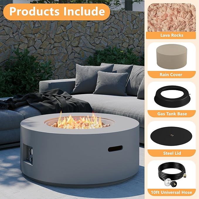32 inch Round Propane Fire Table 50000 BTU Gas FirePit Patio Fire Pit Table with Steel Lid Rain Cover 10ft Propane Hose Lava Rocks Grey