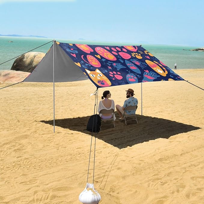 Footprint Cat Beach Canopy UPF50 Easy Setup Large Sun Shelter with Sandbags and Shovel for Camping Picnics Backyard