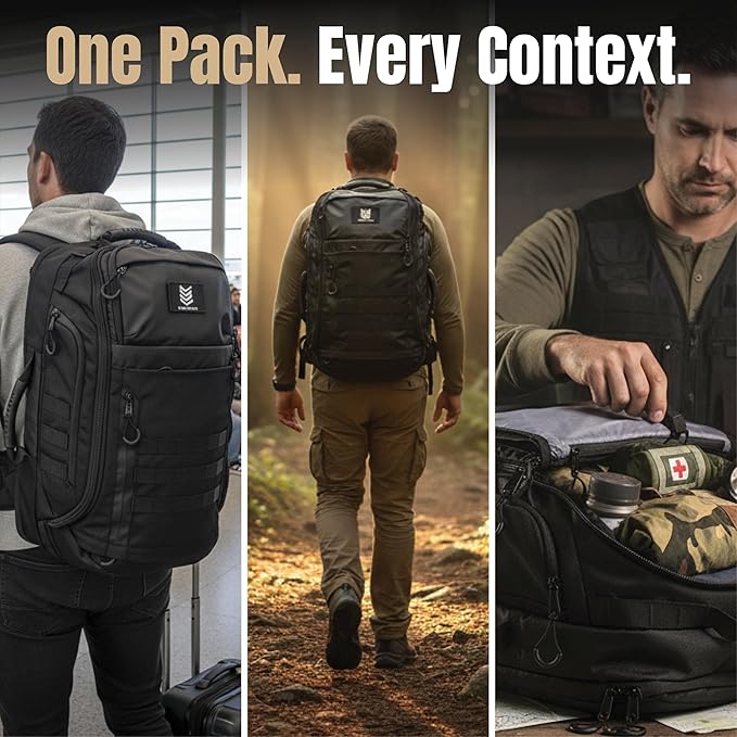 CARGO 48L Tactical Travel Backpack Dual 17 Inch Device Bays RF and NFC Shielded Compartments 1000D Water Resistant Shell MOLLE Compatible Duffel Convertible 3 Day Pack