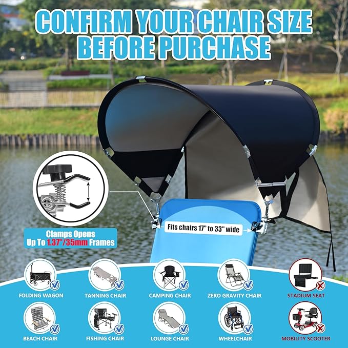 XL Universal Beach Chair Umbrella Canopy UPF 50+ Chair Sun Shade Attachment with Adjustable Clamp for Camping Lawn Wheelchair Tanning Zero Gravity Lounge Outdoor Chairs Oversized 2 Pack