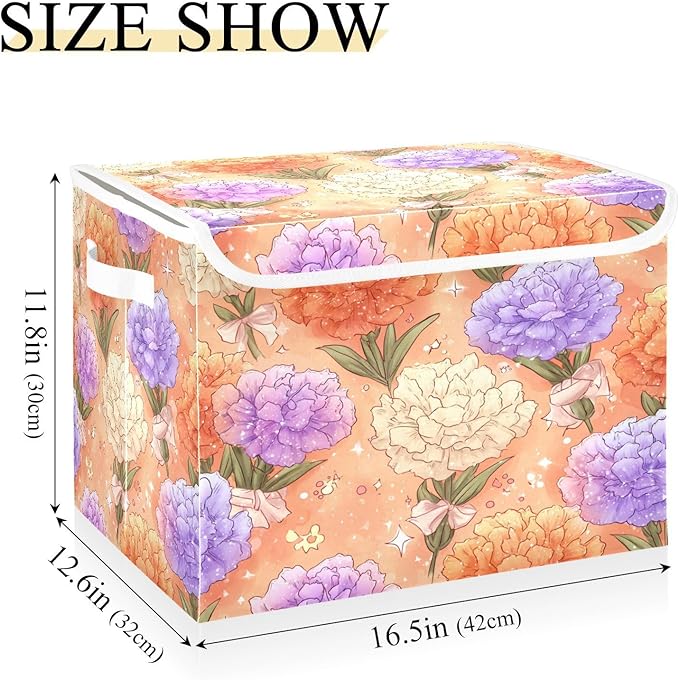 Storage Bins With Lid Stackable Fabric Closet Organizer Clothing Storage Large Boxes For Closet Shelves Bedroom Orange Carnations Bows Leaves
