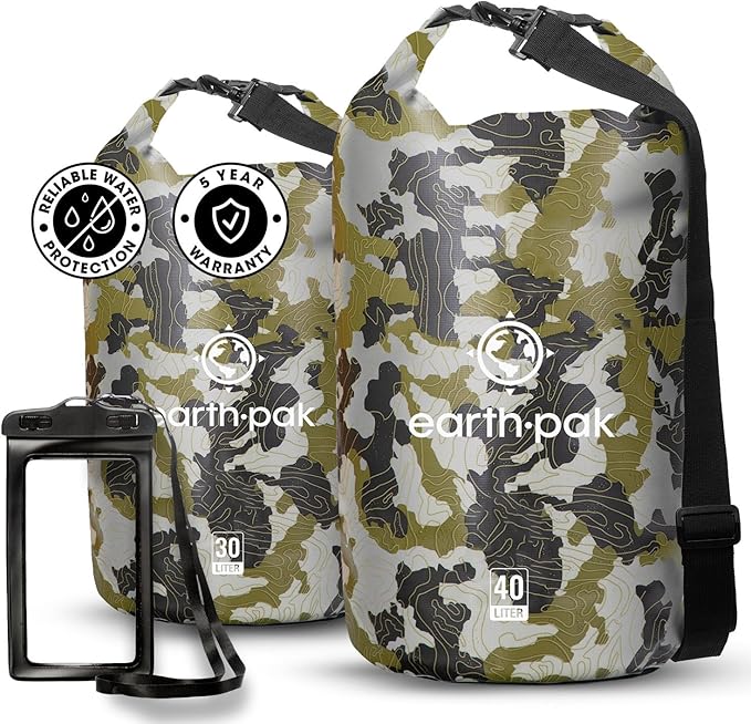 Earth Pak Waterproof Dry Bag - Roll Top Waterproof Backpack Sack (Camo 40L &amp 30L)
