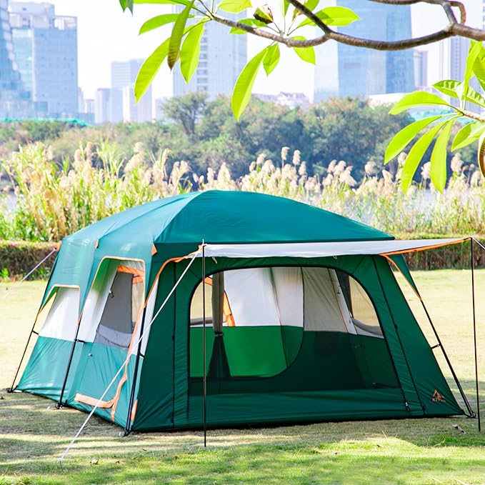KTT Large Tent 6-8-10-12 PersonFamily Cabin Tents2 Rooms2 Doors and 4 Windows with MeshStraight WallWaterproofDouble LayerBig Tents for OutdoorPicnicCampingFamily Gathering
