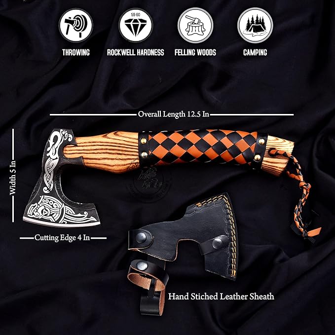 Hand-Forged Engraved Viking Axe Outdoor Camping Hunting Norse Hatchet Axe with Leather-Wrapped Handle &amp Sheath Great for Birthdays Gift Holidays Christmas or Weddings Gift (AXE-02)