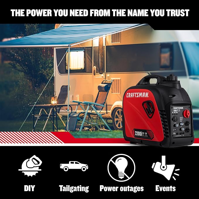 Craftsman C0010020 2200-Watt Gas Portable Generator - Quiet &amp Powerful - Clean Power for Sensitive Electronics - Compact &amp Lightweight Design - Powered by Generac - 50-State/CARB Compliant
