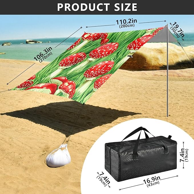 xigua Mushroom Beach Tent Sun Shelter with Carrying Bag - Silver Coated Oxford Fabric Beach Canopy for Beach Camping Fishing - Includes Windproof Ropes Sandbags &amp Stakes