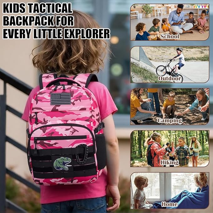 Kids Tactical Backpack Army Molle Bookbag Military Boys Backpack for School Outdoor Camping (Includes 2 Patches+1Carabiner) Pink CM