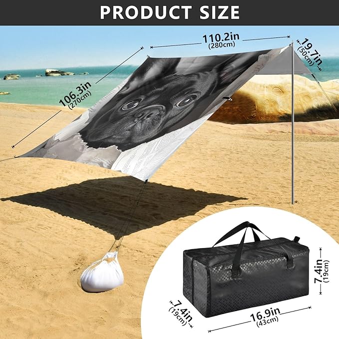 ALAZA French Bulldog Hole Newspaper Beach Tent Sun Shelter Portable Canopy Sunshade for Outdoor Camping Picnics Backyard Fun 10x9 ft