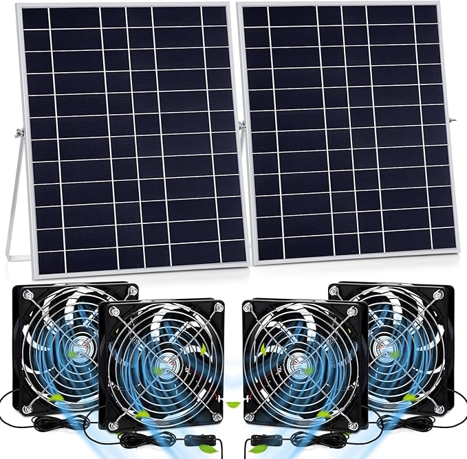 Glooglitter 2 Set 20w Solar Powered Fan Kit for Chicken Coop IP67 Waterproof Dual Solar Greenhouse Fan 3500 RPM High Speed Exhaust Fan with 10ft Cable for Shed Pet House Window Outside Inside