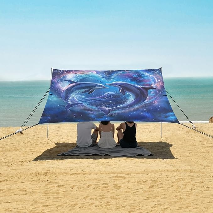 ALAZA Dolphins in Heart Space Beach Tent Sun Shelter Portable Canopy Sunshade for Outdoor Camping Picnics Backyard Fun 10x9 ft
