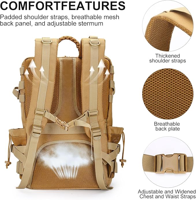 Tactical Backpack for Men 35L Travel Military Backpack with Shoe Compartment 1000D Water Resistant Molle Rucksack for Outdoor Hiking Travel Camping Khaki Color