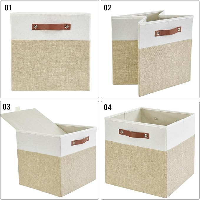 13x15x13 Storage Cube Bins Foldable Storage Organizer Baskets Fabric Cube Storage Boxes with 2 Reinforced PU Handles for Kallax Shelves Living Room | 4 Pack Beige &amp White