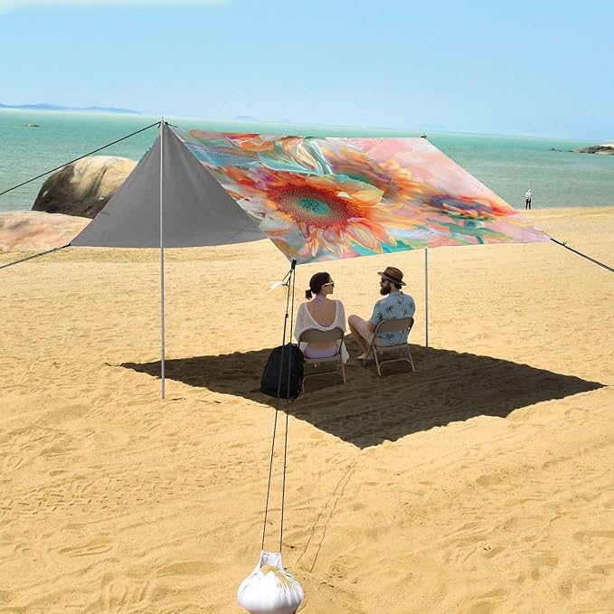 ALAZA Sunflower Bouquet Beach Tent Sun Shelter UPF50+ Protection Beach Shade Canopy w/ 4 Sandbags for Outdoor Camping Fishing Backyard Fun Picnic 10x9 ft