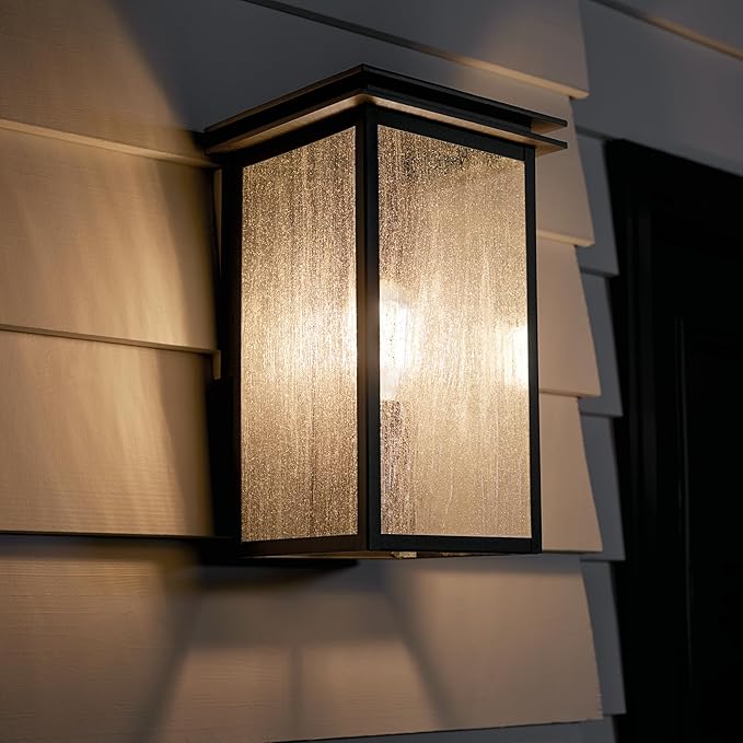 Kichler Arkville 14 1 Light Outdoor Wall Light with Clear Seeded Glass in Textured Black for Exterior Doors Walls Porch (14 x 8.5) 59541BKT