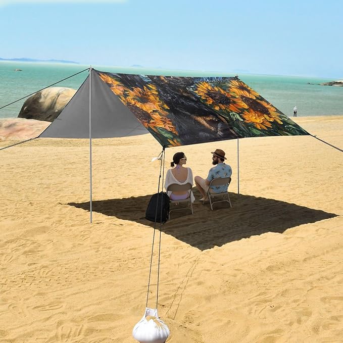 ALAZA Dogs Sunflowers Beach Tent Sun Shelter UPF50+ Protection Beach Shade Canopy w/ 4 Sandbags for Outdoor Camping Fishing Backyard Fun Picnic 10x9 ft