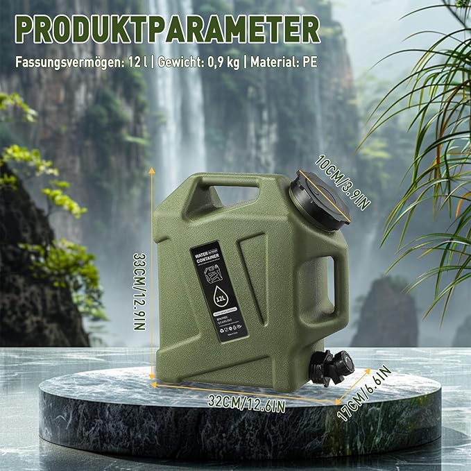 3.2 Gallon Water Jug12L Portable Water Container with Spigot Cleaning Brush Detachable Hose &amp Extra Lid Dual Handles Design BPA-Free Camping Hydration Canteen Outdoor Tank Storage PE - Green
