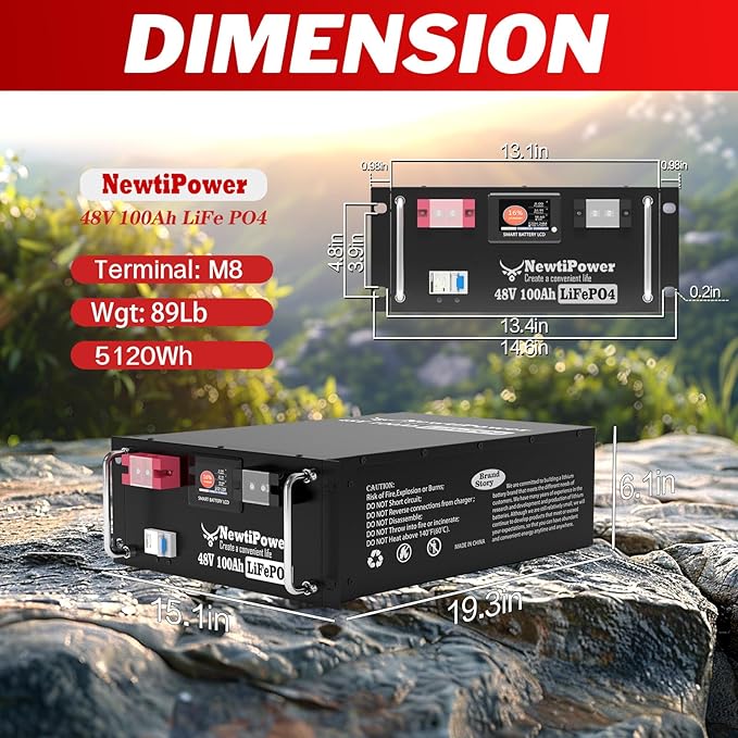48V 100Ah LiFePO4 Battery 5120Wh Lithium Battery with 100A BMS Up to 10000+ Rechargeable Cycles Support in Series/Parallel Perfect for RV Camping Solar Power Storage (48V*100Ah)