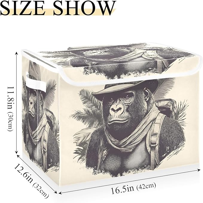 Storage Cube with Lid Gorilla Adventure Print 16.5×12.6×11.8 IN Collapsible Large Capacity Foldable Storage Basket Bin Organizer