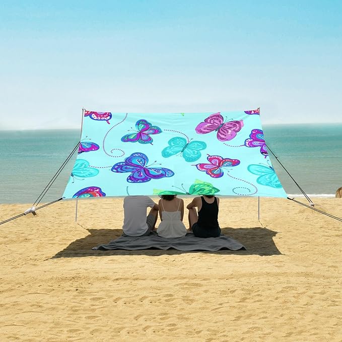 xigua Butterflies Beach Tent Sun Shelter with Carrying Bag - Silver Coated Oxford Fabric Beach Canopy for Beach Camping Fishing - Includes Windproof Ropes Sandbags &amp Stakes