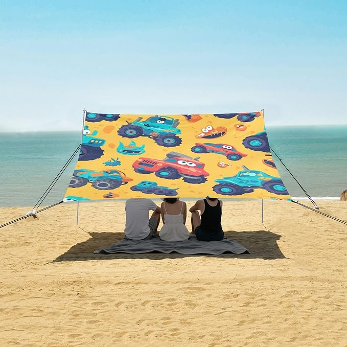 Hand Drawn Truck Car Pattern Cute Beach Canopy UPF50 Waterproof Sun Shelter Includes Sand Shovel Sandbags Stability Poles for Camping Picnics Backyard &amp Fishing