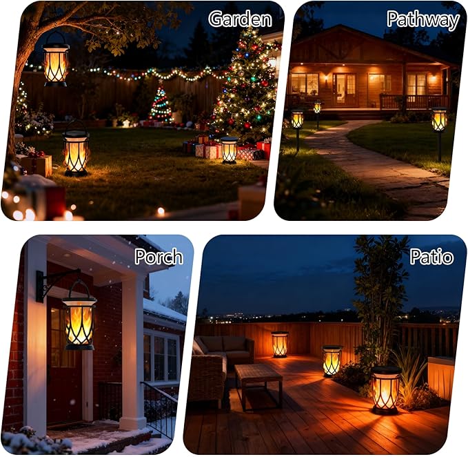 Solar Lanterns Outdoor Waterproof 2 Pack Flickering Solar Flame Lights Upgraded Hanging Flame Lantern Pathway Torch Light Table Lamp Auto On/ Off Porch Yard Gifts(2 Lighting Modes)