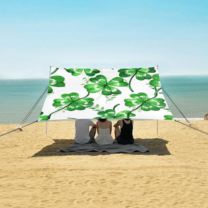 Beach Canopy with Windproof Ropes &amp Sandbags Beach Tent Sun Shade Sun Shelter for Camping Trips Fishing Backyard Fun or Picnics St. Patrick's Day Clover