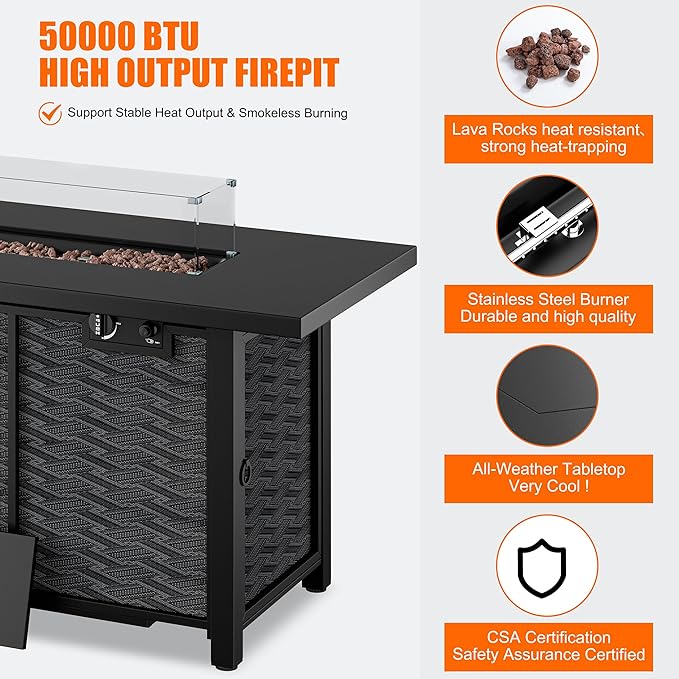 Shintenchi Propane Fire Pits 43″ Outdoor Gas Fire Pit 50000 BTU Rectangle Gas Fire Pit Table with Lava Rocks 2-in-1 Fire Table with Removable Lid CSA-Certified for Outside PatioPartiesBackyard