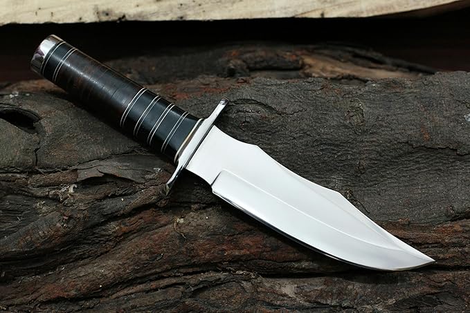 GCS Custom Handmade Stacked Leather Handle Bowie Survival Tactical Gear Hunting Knife D2 Tool Steel Buffalo Hide Sheath GCS145