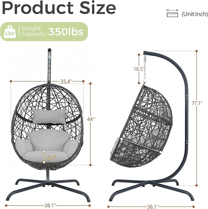 RADIATA Hanging Egg Chair with Stand Outdoor Egg Swing Chair with Cozy Cushion 350lbs Rattan Bird Nest Eggshell Basket Seat Patio Swinging Chair for Indoor Balcony Porch Grey
