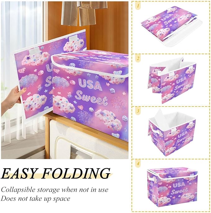Storage Bins With Lid Stackable Fabric Closet Organizer Clothing Storage Large Boxes For Closet Shelves Bedroom Purple Usa Sweet Cloud Candy