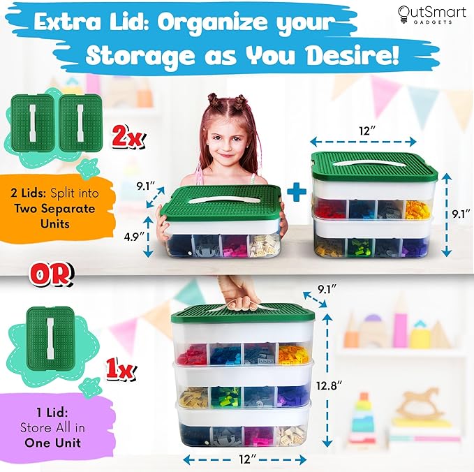 Stackable Toy Storage Organizer Bin for Lego Building Bricks Dolls and Crafts Organization Build on the Lid 3 Layer Adjustable Compartments Includes ABC Stickers and 2 Box Lids