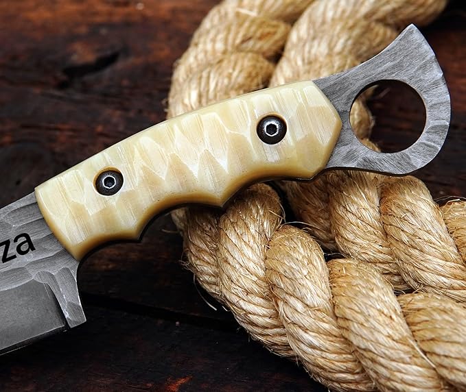 Ottoza Small Seax Tactical Knife with Fixed Blade - Durable Outdoor EDC Knife with Leather Sheath Horizontal Carry - Bone Handle 386