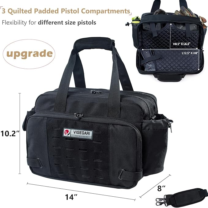 Tactical Pistol Range Bag for 3 Handguns Gun Range Bag with 6 Magazine Slots Lockable Zippers Ammo Storage MOLLE Handgun Case for Shooting Range Accessories