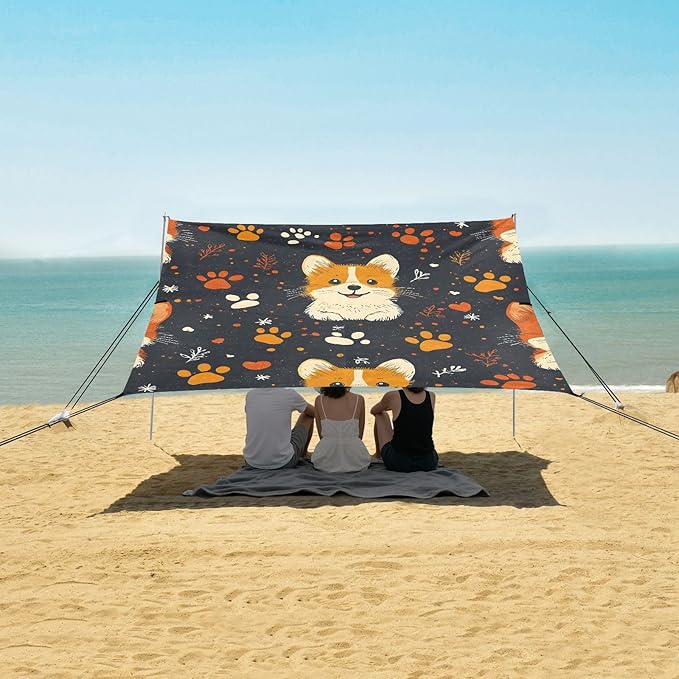 ALAZA Corgi Paw Heart Pattern Beach Tent Sun Shelter Portable Canopy Sunshade for Outdoor Camping Picnics Backyard Fun 10x9 ft