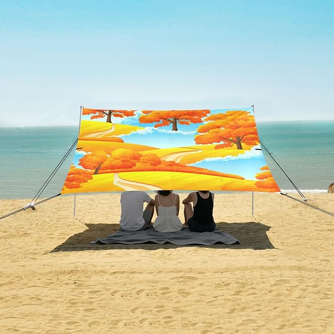 Beach Canopy with Windproof Ropes &amp Sandbags Beach Tent Sun Shade Sun Shelter for Camping Trips Fishing Backyard Fun or Picnics Autumn